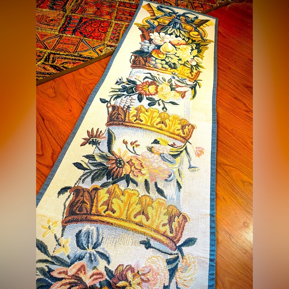 VTG Point Des Meurins French Tapestry Floral Column Wall Hanging Elegant 49x13” - Picture 2 of 10